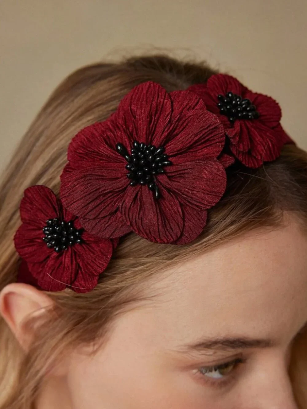 Burgundy Floral Headband with Black Beaded Centers